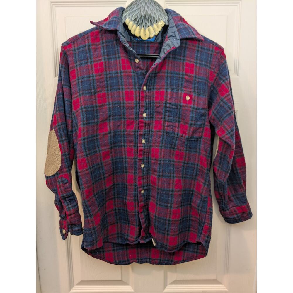 Vtg PENDLETON Wool Flannel Trail Shirt Red Buffalo Plaid Elbow Patches USA Made